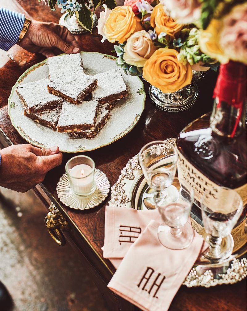 Super-Decadent Butterscotch Bourbon Blondies, from “Occasions to Celebrate: Cooking and Entertaining With Style” by Alex Hitz (Rizzoli, $45), are topped with confectioners’ sugar just before serving. (Courtesy of Iain Bagwell)