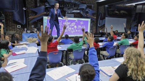 May 5,  2017 - Atlanta - With the help of a little music from La La Land, Ron Clark teaches his 5th-grade math class at the Atlanta academy that bears his name. Eccentric teaching methods have paid off at Ron Clark Academy, where teacher shortages are less common, if not unheard of. BOB ANDRES  /BANDRES@AJC.COM