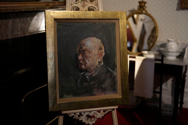 A portrait of the iconic former British Prime Minister Winston Churchill, painted by Graham Sutherland in 1954, on view at Blenheim Palace, Woodstock, England, Tuesday, April 16, 2024. The portrait will be sold at auction on June 6 with an estimated price of 5-800,000 pound sterling (US621, 000-1,000,000). Churchill was born at Blenheim Palace on Nov. 30, 1874. (AP Photo/Alastair Grant)