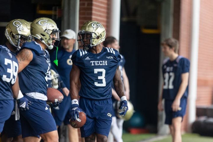 Hassan Hall (3) talks with other players during the first day of spring practice for Georgia Tech football at Alexander Rose Bowl Field in Atlanta, GA., on Thursday, February 24, 2022. (Photo Jenn Finch)