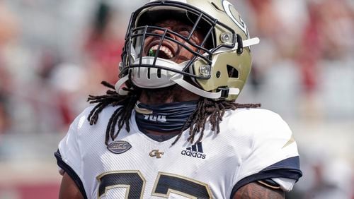 Defensive Back Kaleb Oliver  of the Georgia Tech Yellow Jackets celebrates during the game against the Florida State Seminoles at Doak Campbell Stadium on Bobby Bowden Field on September 12, 2020 in Tallahassee, Florida. (Photo by Don Juan Moore/Character Lines)