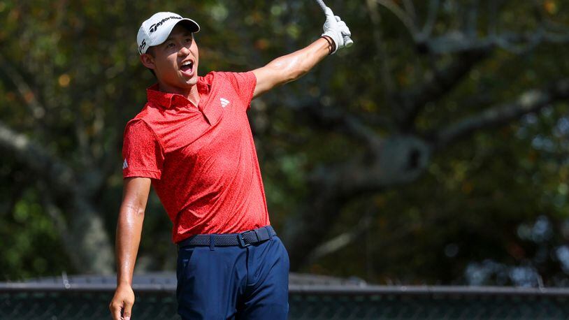 Collin Morikawa reacts to his tee shot on the fifth hole during the third round of the Tour Championship at East Lake Golf Club, Saturday, August 26, 2023, in Atlanta. (Jason Getz / Jason.Getz@ajc.com)