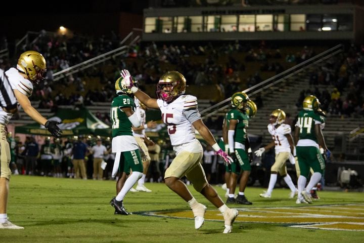 Brookwood's Alexander Diggs (15) celebrates a touchdown  during a GHSA high school football game between the Grayson Rams and the Brookwood Broncos at Grayson High School in Loganville, Ga. on Friday, October 22, 2021. (Photo/Jenn Finch)