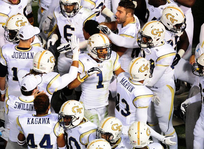 ATLANTA, GA - OCTOBER 4: Isaiah Johnson #1 of the Georgia Tech Yellow Jackets is congratulated by teammates after a second quarter interception against the Miami Hurricanes at Bobby Dodd Stadium on October 4, 2014 in Atlanta, Georgia. (Photo by Scott Cunningham/Getty Images) Former Georgia Tech safety Isaiah Johnson had offers to sign an undrafted free agent contract from the Lions, Rams, Saints and Titans, eventually picking Detroit. (GETTY IMAGES)