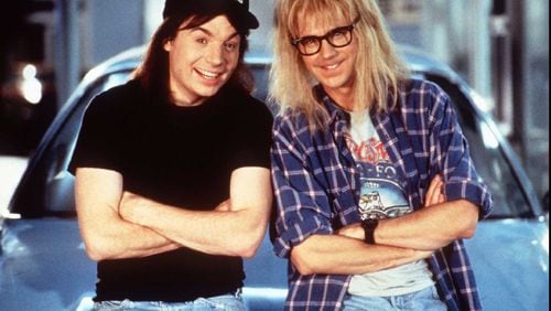This file photo shows Mike Meyers and Dana Carvey (l-r) as they appeared in the sequel, “Wayne’s World 2.” Trust us, they hadn’t changed at all from the original “Wayne’s World,” which celebrates its 25th anniversary with a return to select theaters next week. ABC photo