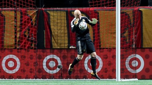 October 26, 2017.   Atlanta United goalkeeper Brad Guzan makes a save during a play in the first half.