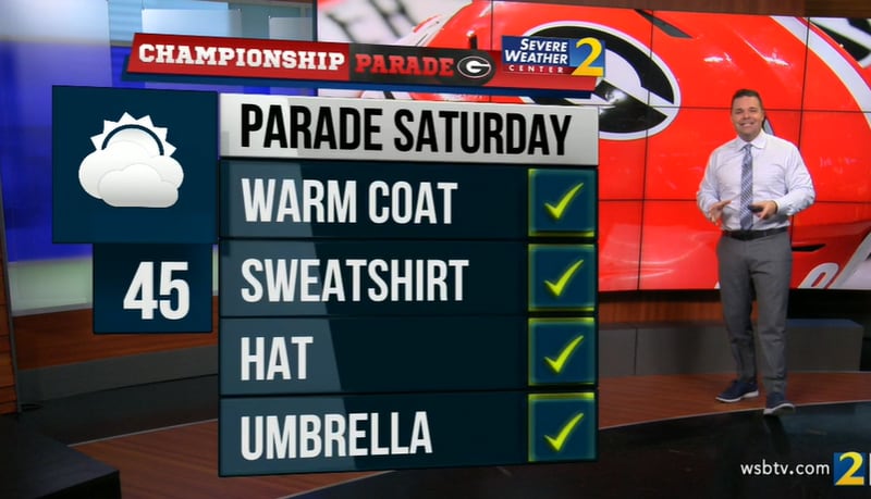 Temperatures in the mid-40s are predicted for the University of Georgia championship parade in Athens on Saturday.