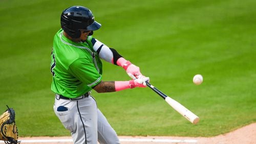 Designated hitter Orlando Arcia connects on one of his three homers against the Knights Sunday, May 9, 2021, at Truist Field in Charlotte, N.C. (Laura Wolff/Charlotte Knights)