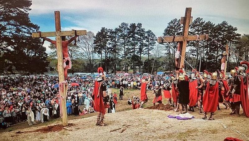 While Atlanta-area passion plays like the Good Friday Stations of the Cross at Gainesville's Laurel Park use rope for the "crucifixion" of the actors playing Jesus and the two theives, actors in other countries sometimes use actual nails for the performance.