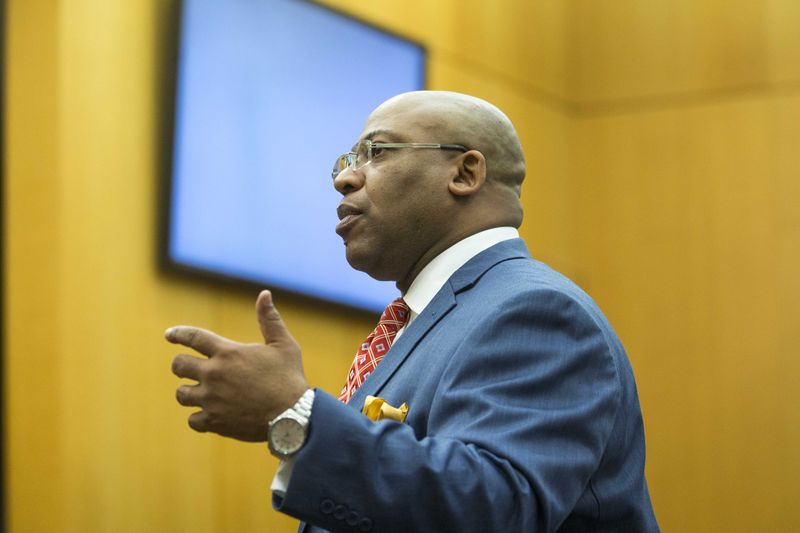 03/10/2018 -- Atlanta, GA - Fulton County Chief Assistant District Attorney Clint Rucker examines Jeffrey Dickerson, a crisis communications consultant, during the seventeenth day of the Tex McIver trial before Fulton County Chief Judge Robert McBurney on Tuesday, March 10, 2018. ALYSSA POINTER/ALYSSA.POINTER@AJC.COM