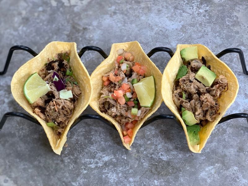 For a guilt-free taco night, top your Slow Cooker Lime Pork Tacos with fresh veggies. CONTRIBUTED BY KELLIE HYNES