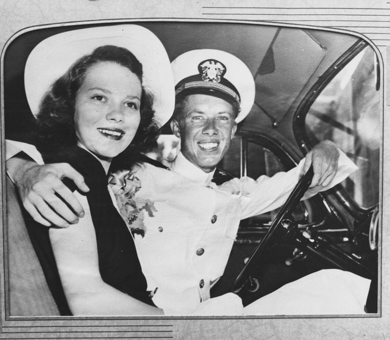 Jimmy Carter married his hometown sweetheart, Rosalynn, in 1946 while serving in the Navy. This is their wedding picture. Rosalynn was a friend of his sister Ruth who allegedly "fell in love" with Carter after seeing him in his Navy uniform. (File photo)