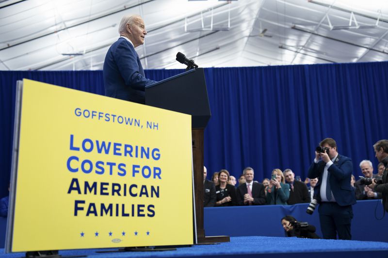 
                        President Joe Biden speaks at an event at the YMCA Allard Center in Goffstown, N.H., Monday, March, 11, 2024. The president’s $7.3 trillion budget for the next fiscal year proposes new spending on social programs to help the middle class that are offset by higher taxes on high earners and corporations. (Maansi Srivastava/The New York Times)
                      