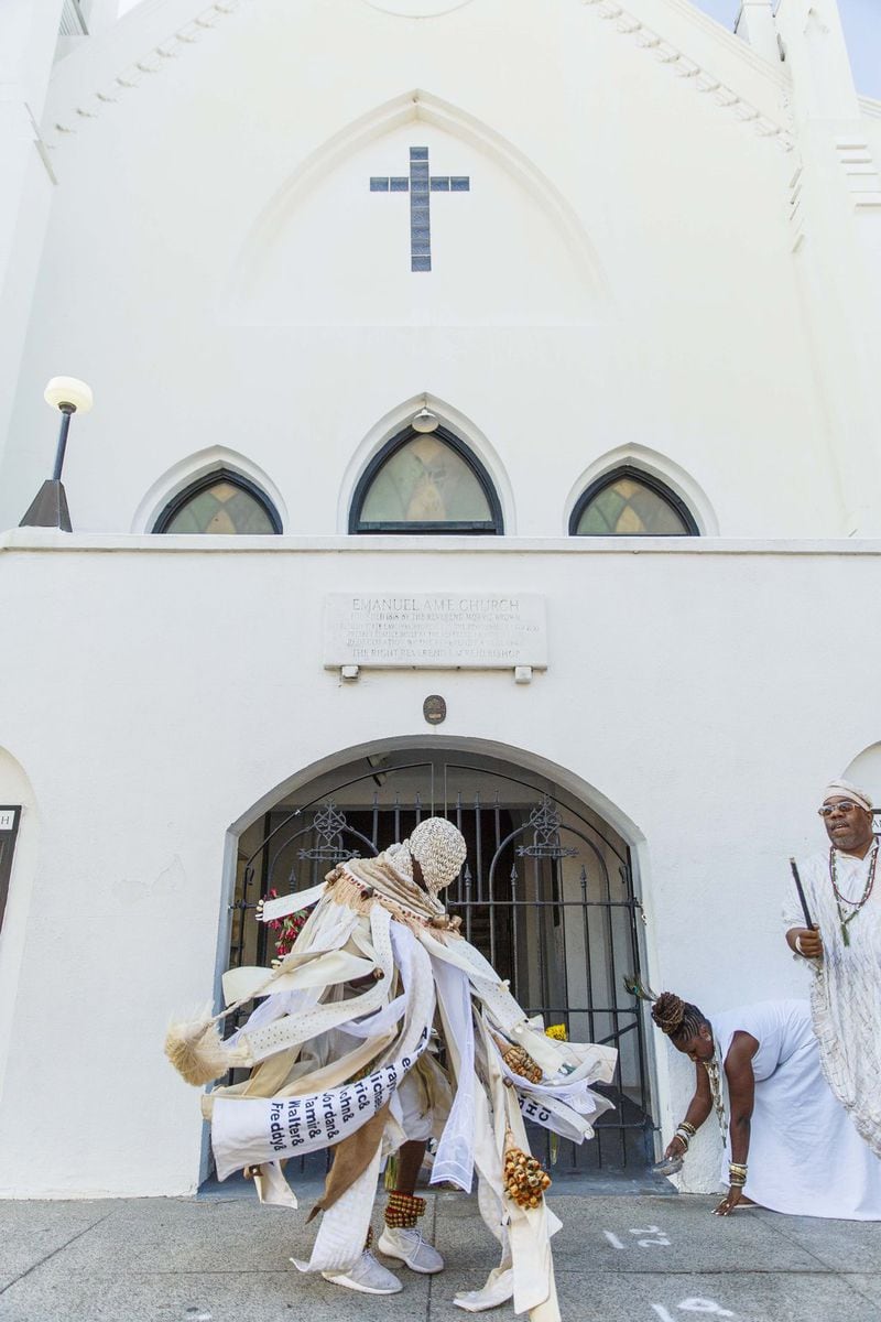 Artist Fahamu Pecou wearing the masquerade of the Ifa tradition outside Emanuel AME Church in Charleston, S.C., in 2016 for the premiere of his exhibition, “Do or Die” commissioned by the Halsey Institute of Contemporary Art in Charleston, S.C.