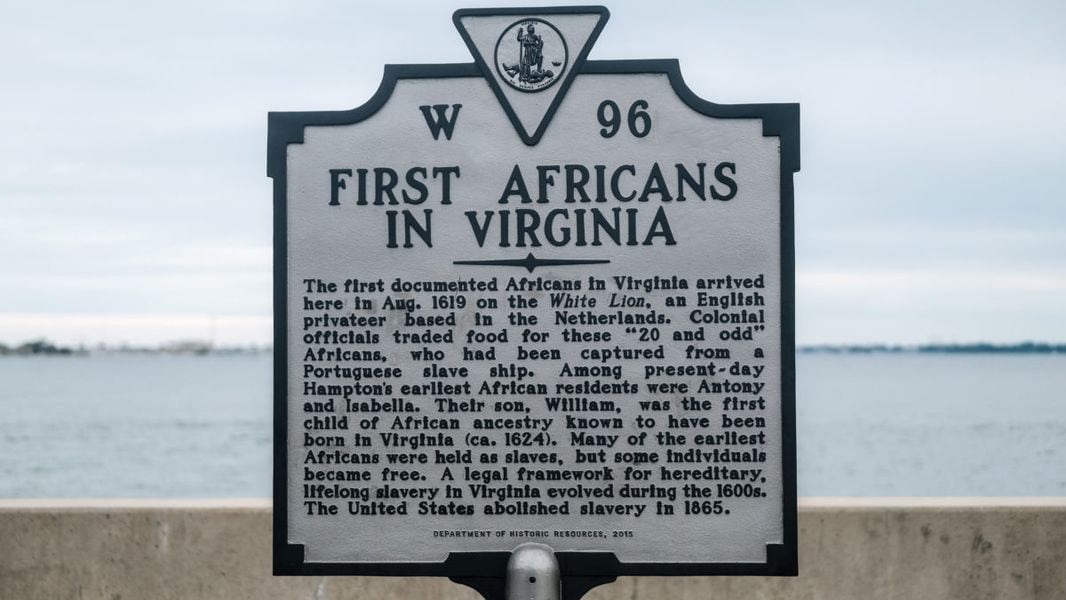 A sign commemorating the arrival of the first Africans is displayed at Chesapeake Bay, in Hampton, Virginia.