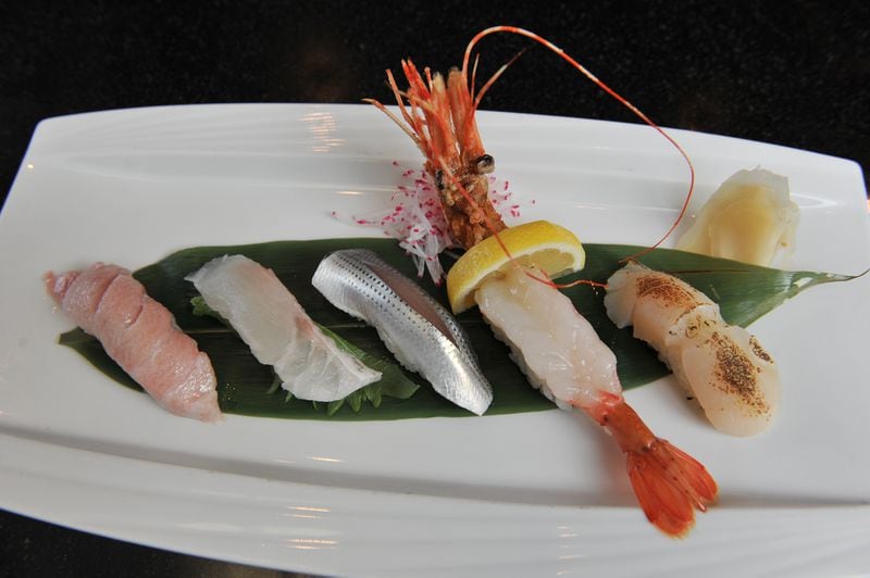 Sushi plate with amaebi, kohada, Japanese snapper and toro at Tomo Japanese Restaurant. (Beckysteinphotography.com)