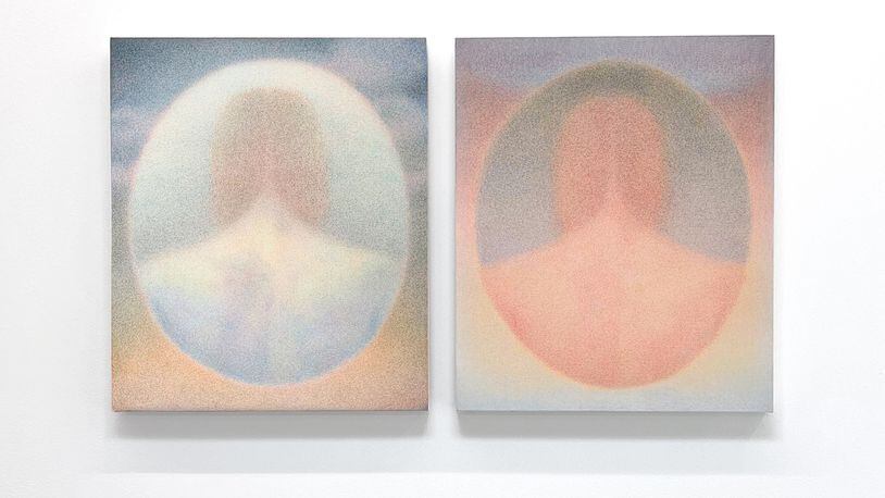 Hayley Quentin's "Earthling (Night)" and "Earthling (Ash)" in colored pencil on canvas.
