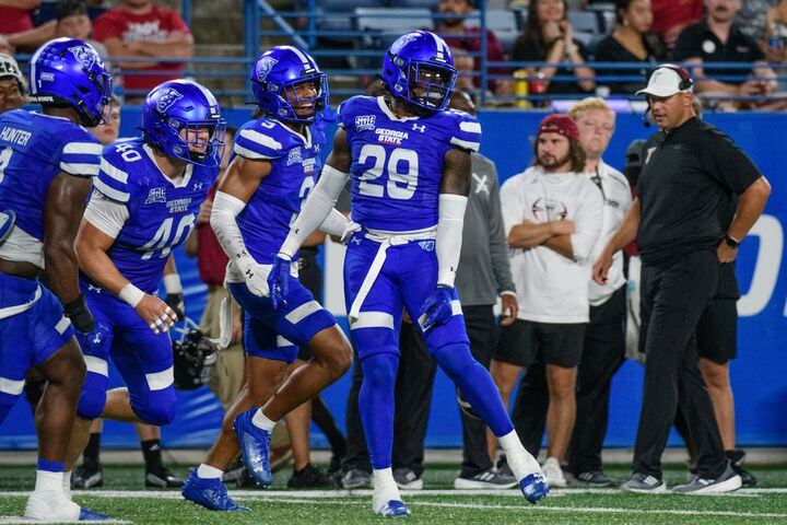 Georgia State safety TyGee Leach celebrates an interception against Troy Saturday, Sept. 30, 2023 (Jamie Spaar for the Atlanta Journal Constitution)