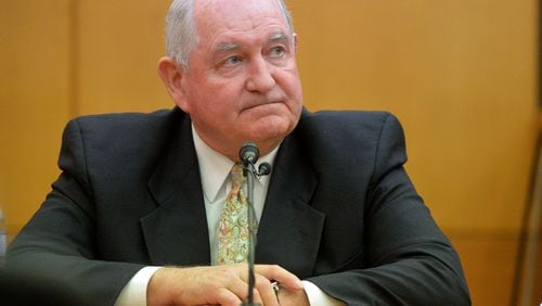 NOVEMBER 10, 2014 ATLANTA Former Georgia Governor Sonny Perdue testifies Monday morning. Testimony continues in the Atlanta Public Schools test-cheating trial before Judge Jerry Baxter in Fulton County Superior Court, Monday, November 10, 2014. (Atlanta Journal-Constitution, Kent D. Johnson, Pool) Sonny Perdue testifies in the trial his investigation spawned, Atlanta, November 2014.