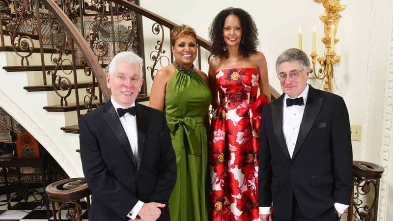 Swan House Ball honoree Lovette Russell (in red) with Swan House Ball co-chairs Jack Sawyer and Vicki Palmer (not pictured: Roz Brewer) and Atlanta History Center President and CEO Sheffield Hale. Photo credit: Kimberly Evans