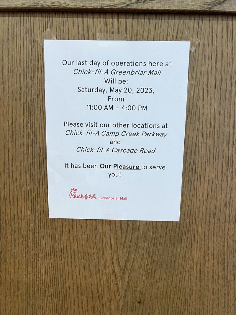 The first standalone Chick-fil-A, located in the Greenbriar Mall food court, announced that its last day of operation after 56 years would be Saturday.