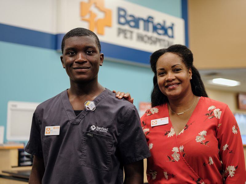 NextVet intern Elias Dennis with Dr. Beverly Miller, Director of Veterinary Quality at Banfield Pet Hospital. Photo courtesy of Banfield Pet Hospital
