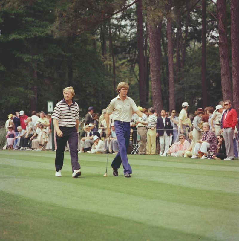 Jack Nicklaus, left, and Fred Ridley stride down the 14th fairway during the 1976 Masters Tournament at Augusta National Golf Club. (Photo from Augusta National Golf Club)