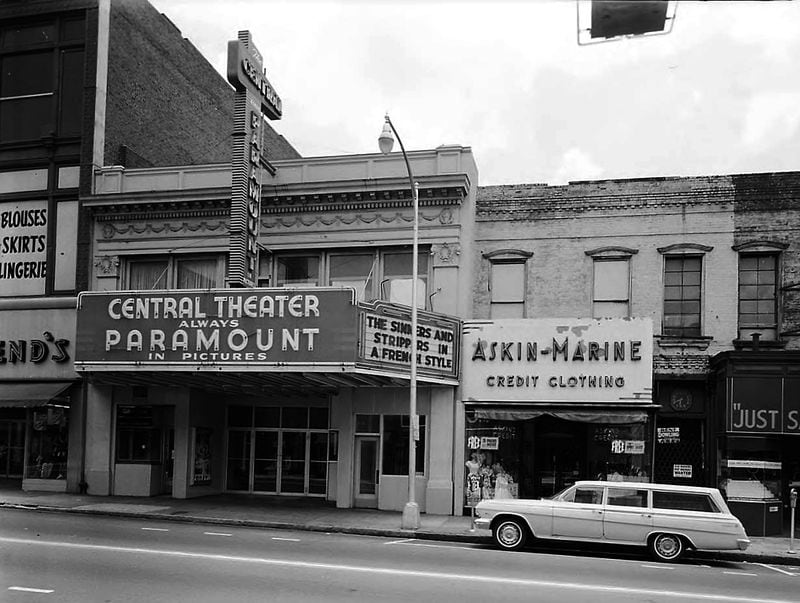 The Center Theatre: The Center, later called the Central, was one of several theaters on Whitehall Street SW, which is now called Peachtree Street SW. It opened in 1936 and judging from the comments on CinemaTreasures.com, is mainly remembered for its seedy atmosphere and selection of horror and exploitation flicks in the 1950s and early '60s. This photo is from 1964. (Tracy O'Neal, N26-123_a GSU Special Collections)