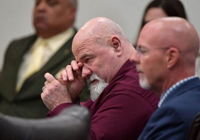 June 26, 2018 Griffin - Franklin Gebhardt reacts as he listens to the verdict during the murder trial of Franklin Gebhardt at the Spalding County Courthouse on Tuesday, June 26, 2018. A jury deliberated for about six hours before returning the verdict against Franklin Gebhardt. The 60-year-old defendant - labeled a racist by his own lawyer - will spend the rest of his life behind bars. Franklin Gebhardt was charged with killing 23-year-old Timothy Coggins, stabbing him 30 times and dragging his body behind a pickup truck. HYOSUB SHIN / HSHIN@AJC.COM