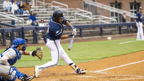 Georgia Tech right fielder Stephen Reid was named a national and ACC player of the week on May 8, 2023 for his performance against Pittsburgh in a three-game series at Russ Chandler Stadium on May 5-7, 2023 when he hit four home runs and was 9-for-14 in the series. (Eldon Lindsay/Georgia Tech Athletics)