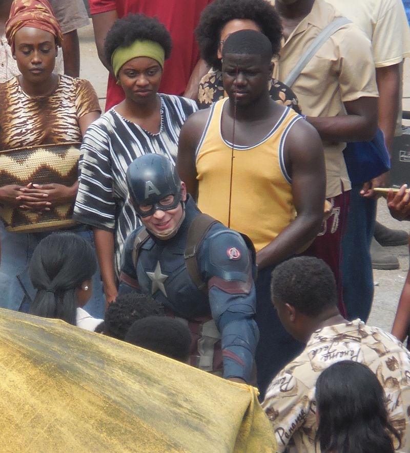 Chris Evans films a scene from "Captain America: Civil War" in downtown Atlanta. PHOTO: Jennifer Brett, jbrett@ajc.com