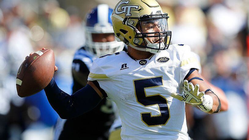 Georgia Tech quarterback Justin Thomas looks to pass against Duke at Bobby Dodd Stadium on October 29, 2016 in Atlanta, Georgia. (Photo by Kevin C. Cox/Getty Images)