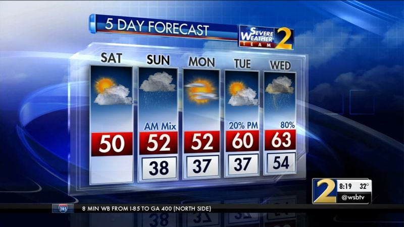 The five-day forecast for metro Atlanta shows a wintry mix Sunday morning.