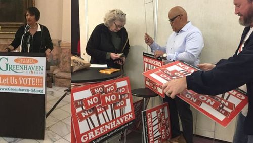 Kathryn Rice (left) is a proponent of the city of Greenhaven, which is opposed by groups like Concerned Citizens in Opposition to Greenhaven (right).