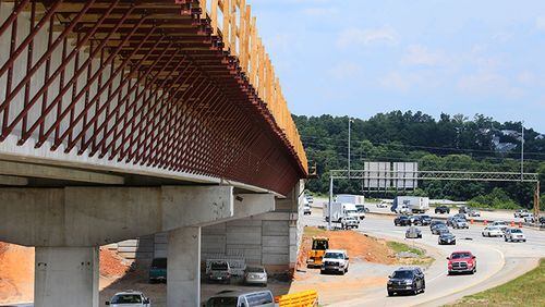 View of the I-75 express lane bridge over the Canton Road Connector near Marietta. Construction is ongoing for Georgia Department of Transportation's Northwest Corridor express lane project, which will create 29.7 miles of reversible, barrier-separated toll lanes along I-75 from Akers Mill Rd to Hickory Grove Road and along I-575 from I-75 to Sixes Road. The project is expected to open in 2018.