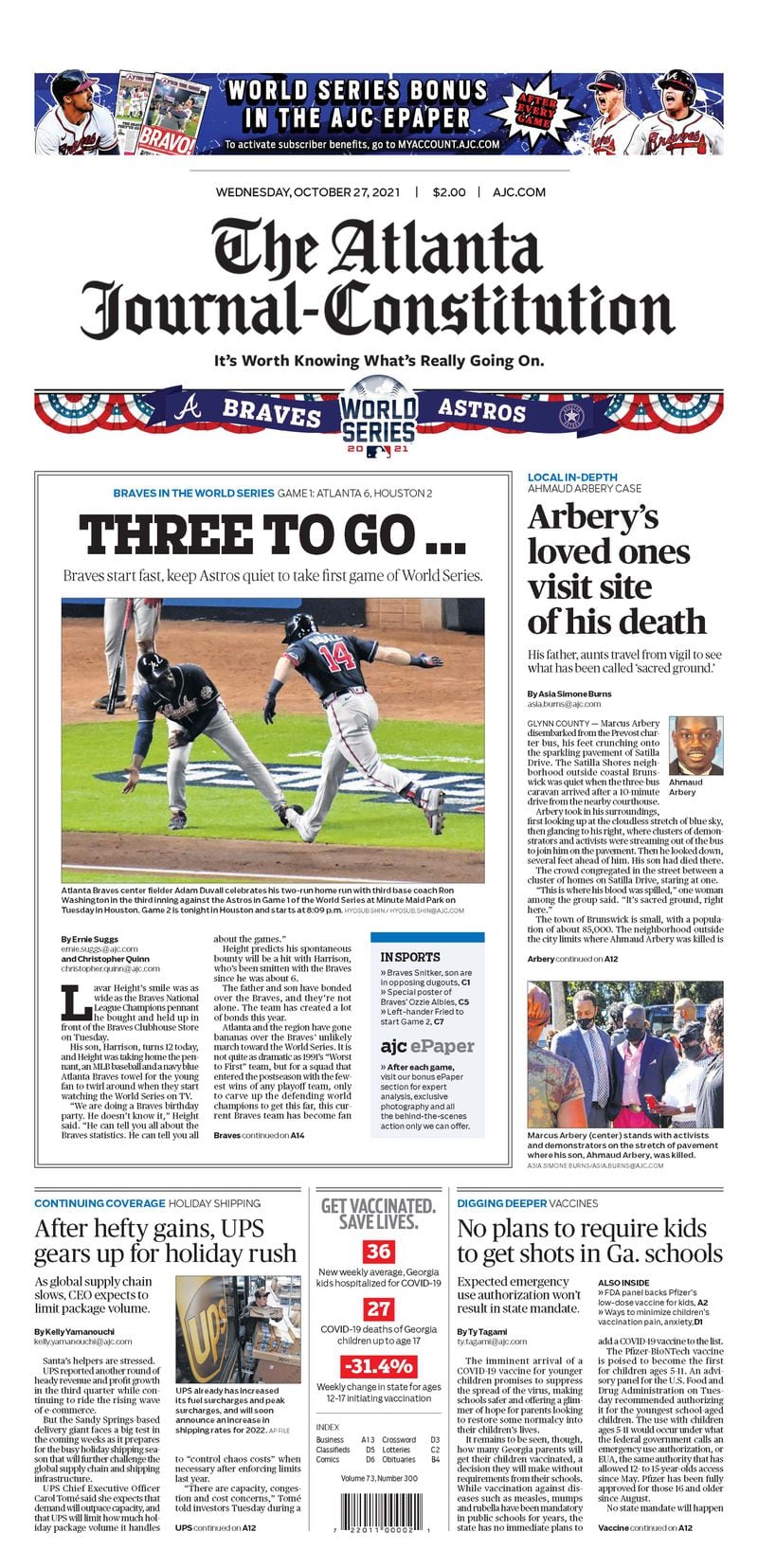 ‘Houston Rocket!’ – Atlanta Braves World Series section in Wednesday Atlanta Journal-Constitution ePaper - Oct. 27 2021