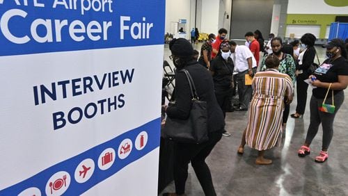 Job seekers meet with recruiters at ATL Airport Career Fair at Georgia International Convention Center on June 20. Airport concessionaires are having difficulty hiring enough workers to reopen all the shops and restaurants. (Hyosub Shin / Hyosub.Shin@ajc.com)