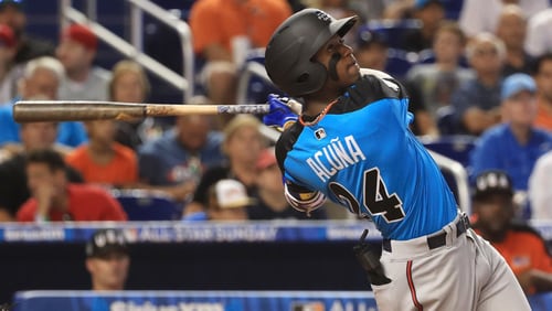Top Braves prospect Ronald Acuna played for the World Team in the All-Star Futures Game on Sunday at Miami’s Marlins Park. (Photo by Mike Ehrmann/Getty Images)
