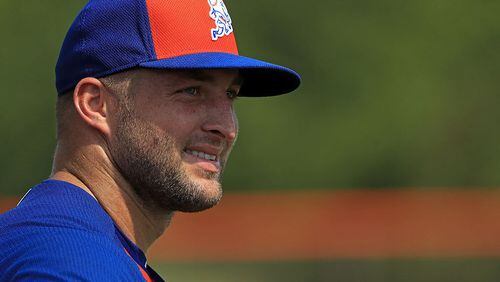 Tim Tebow #15 of the New York Mets works out at an instructional league day at Tradition Field on September 19, 2016 in Port St. Lucie, Florida.  (Photo by Mike Ehrmann/Getty Images)