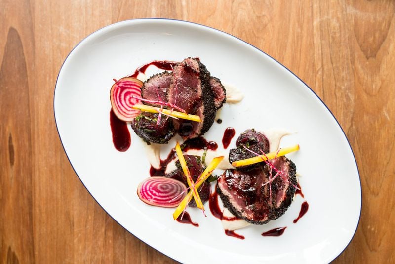 Coffee Dusted Seared Venison with turnip puree, salted roasted beets, and spruce. Photo credit- Mia Yakel.