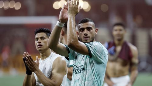 Atlanta United forward Giorgos Giakoumakis (center) and teammates thanked the supporters after the game; Atlanta United defeated Colorado Rapids 4-0 at Mercedes-Benz Stadium on Wednesday, May 17, 2023.
Miguel Martinez /miguel.martinezjimenez@ajc.com