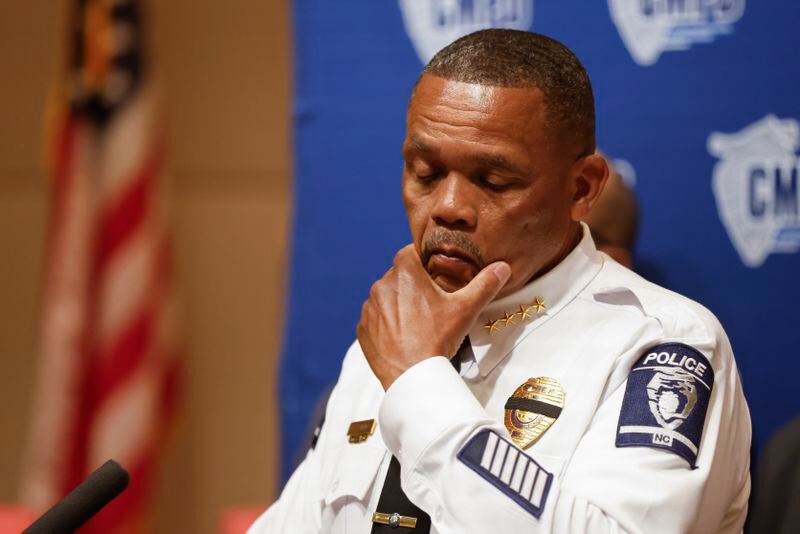 Charlotte-Mecklenburg Police Chief Johnny Jennings pauses at a press conference in Charlotte, N.C., Tuesday, April 30, 2024, regarding the shooting of four officers during an attempt to serve a warrant on April 29, 2024. (AP Photo/Nell Redmond)