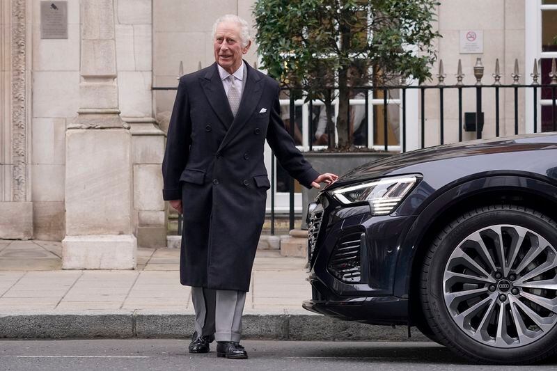 FILE - Britain's King Charles III leaves The London Clinic in central London, Jan. 29, 2024. King Charles III was in hospital to receive treatment for an enlarged prostate. King Charles III’s decision to be open about his cancer diagnosis has helped the new monarch connect with the people of Britain and strengthened the monarchy in the year since his dazzling coronation at Westminster Abbey. (AP Photo/Alberto Pezzali, File)