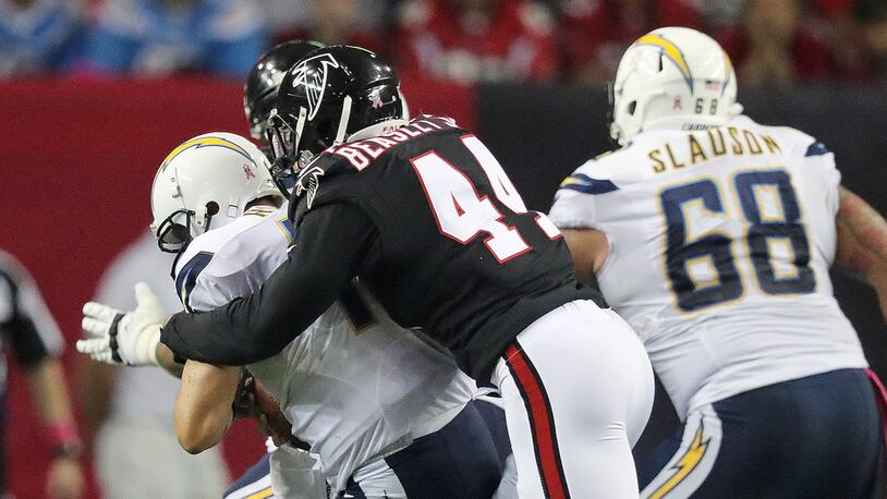 October 23, 2016 Atlanta: Falcons Vic Beasley Jr. sacks Chargers quarterback Philip Rivers during the second half in an NFL football game on Sunday, Oct. 23, 2016, in Atlanta. Curtis Compton /ccompton@ajc.com