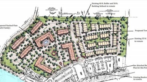 This is the site plan for the East Village Roswell, a 350-apartment development on the site of a former Super Target on Holcomb Bridge Road. (The Worthing Companies)