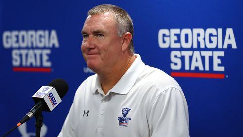 Georgia State Panthers football coach Shawn Elliott takes questions at his news conference during football media day Thursday, August 1, 2019, in Atlanta. Curtis Compton/ccompton@ajc.com