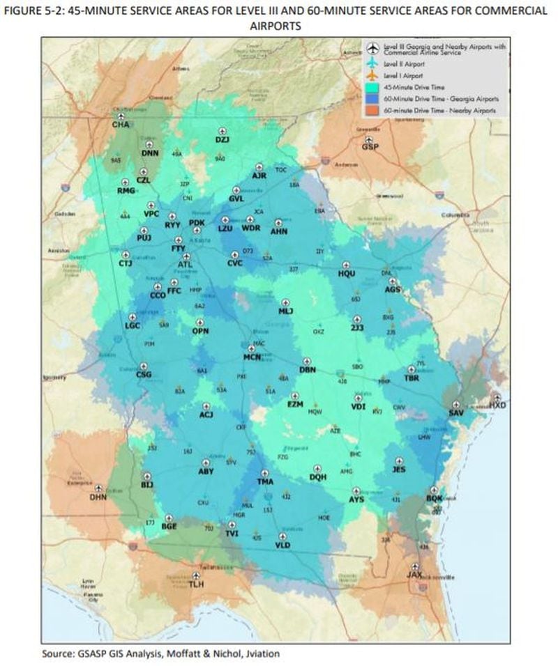 Source: Georgia Statewide Aviation System Plan GIS Analysis, Moffatt & Nichol, Jviation