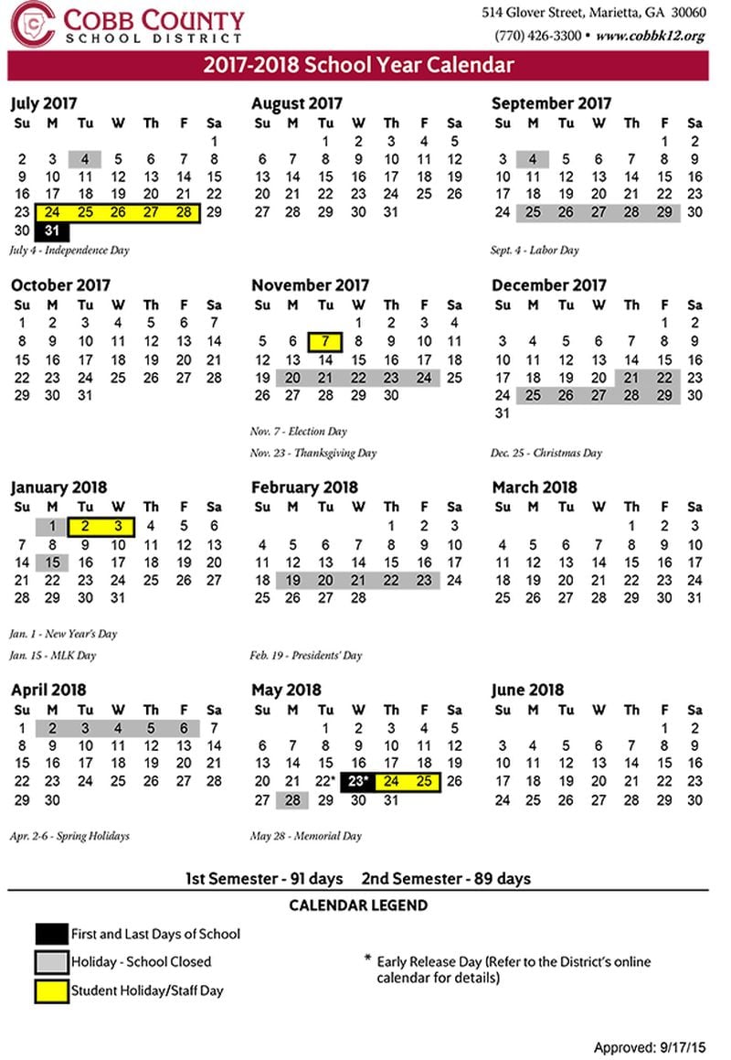 Cobb County Calendar 2022 Cobb County Schools 2017-18 Calendar