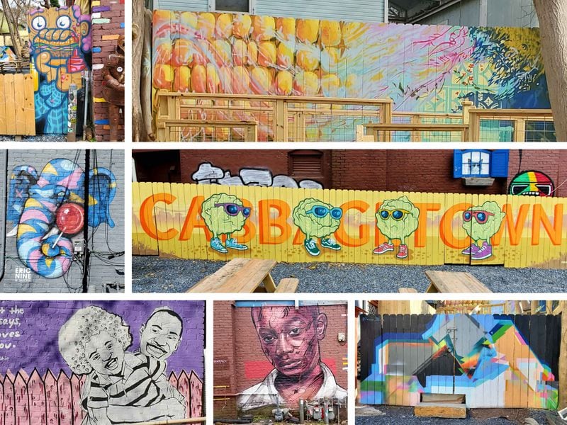 Artists whose murals enliven the outdoor dining space of Little’s Food Store are by, clockwise from top left, Chris Wright (Chris Makes Art), Lacey Longino, Wright, Artist Blue, Hopare, Sean Fahie and Eric Nine.