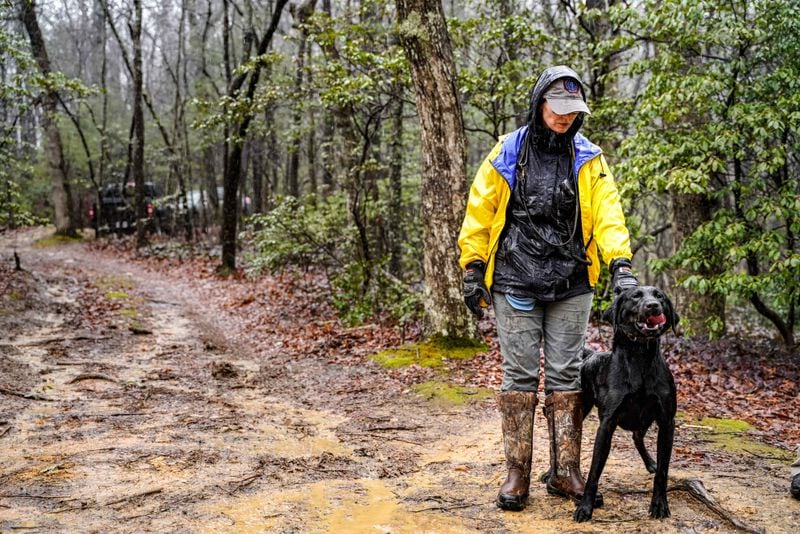 Dawson County K-9 handler Amy Crane guides a police dog in search of a missing hiker. Authorities said the poor weather conditions have made the search difficult.